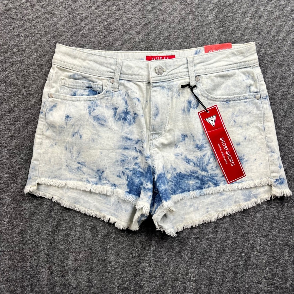 Guess Shorts Womens 29 Blue DenimTie Dye Esse Shortie Mid Rise Frayed